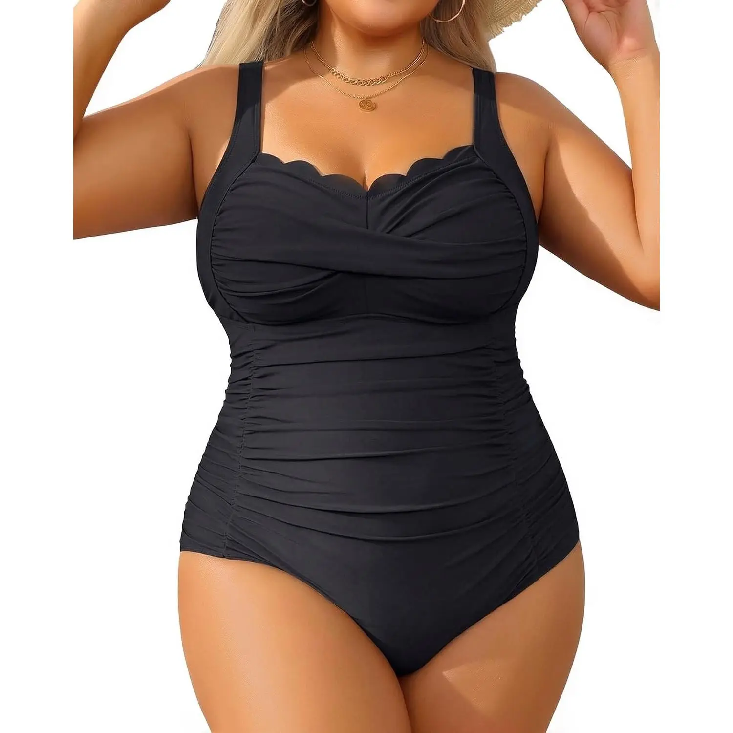 Plus Size One Piece Swimsuit- Tummy Control Full Coverage Bathing Suit | Scalloped, Unremovable cups, Adjustable Straps, Ruched, Full Coverage, Full Lining, Twist Front