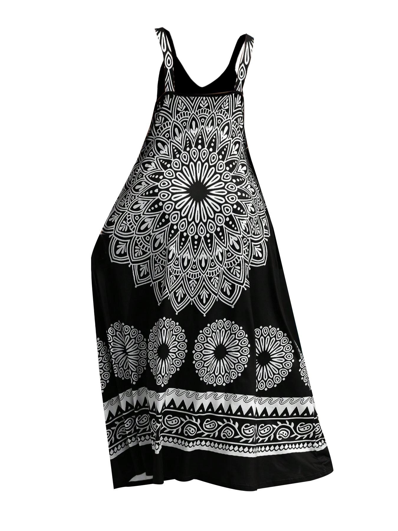 Plus Size Ethnic Pattern Backless Scoop Neck Fitted Cami Dress, Boho Print Dress, Bohemian Style Dresses, Boho Bohemian Fashion Chic Sleeveless Casual A Line Long Dress, Casual Boho Sundress for Beach Holiday Vacation, Women's Plus Clothing for Summer