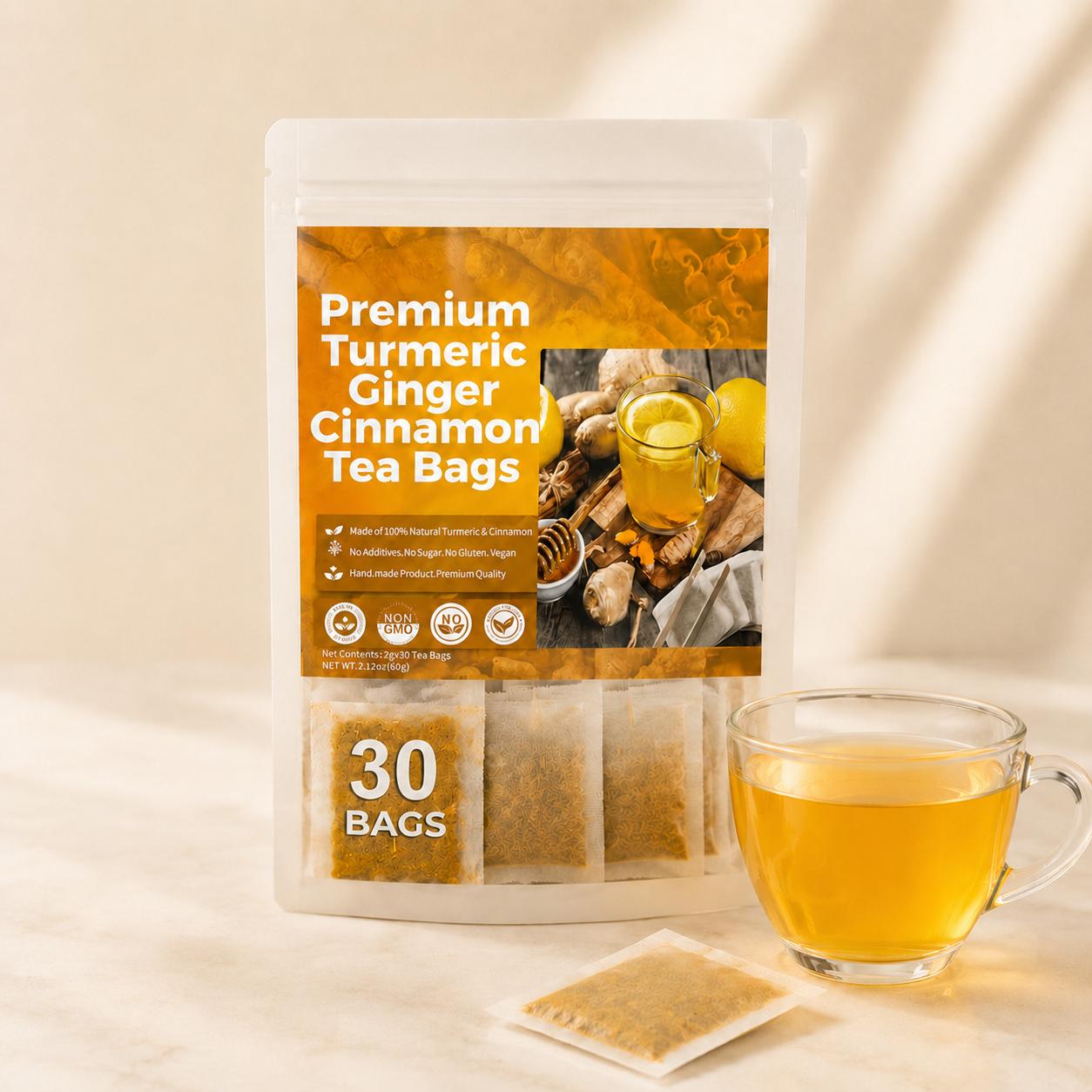 Premium Turmeric Tea Herbal Anti-Inflammatory Tea, Eco-Friendly Tea Bags, Contains Turmeric, Ginger and Cinnamon, Caffeine Free Detox Tea, Sugar Free Gluten Free Vegan Non-GMO, Keto-Friendly 100% natural