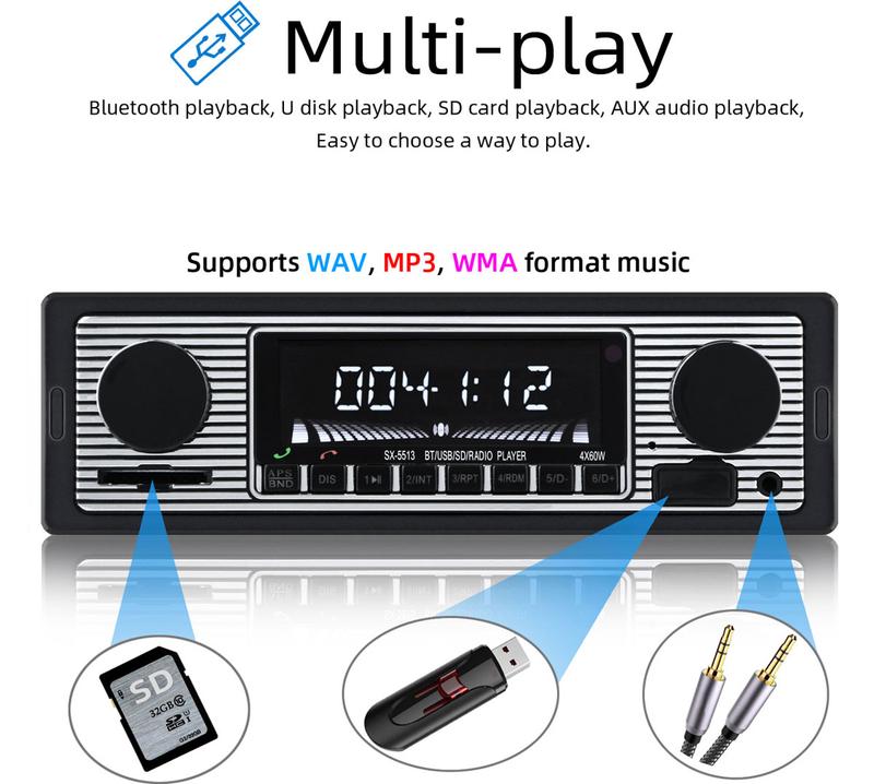 FYPLAY Classic Bluetooth Car Stereo FM Radio Receiver Hands-Free Calling Built-in Microphone USB SD AUX Port Support MP3 WMA WAV Dual Knob Audio Car Multimedia Player Remote Control cars auto accessories