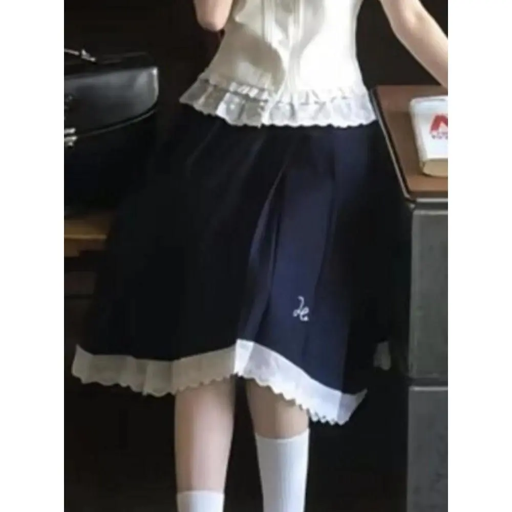 Preppy Japanese Kawaii 2 Piece Set Women Lace Bow Sailor Collar Crop Top High Waist Pleated Skirt Suit Daily Outfit New