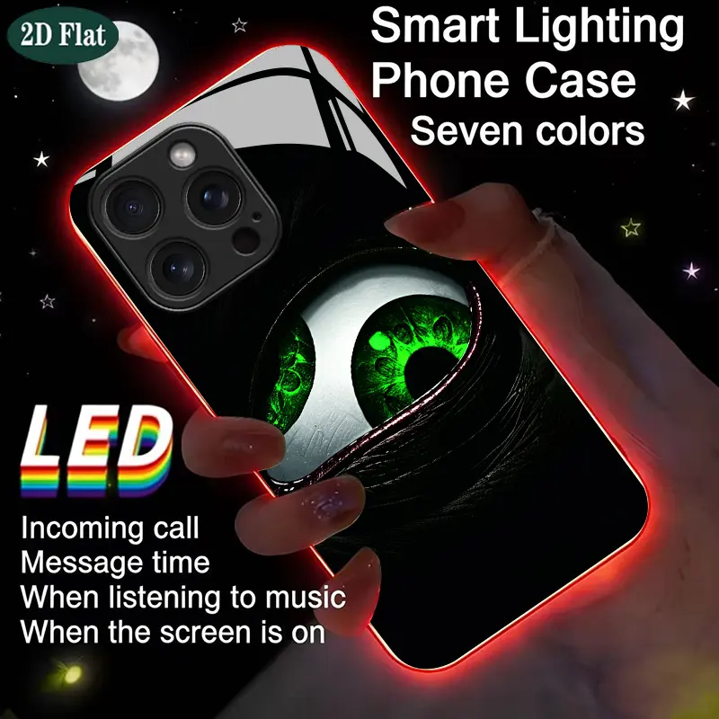 2D Flat Fluorescent Green Eyeball LED Light-Emitting Phone Case 7-Color Lighting Shockproof TPU Protective Cover Suitable For iPhone Duo/18 Pro Max/17 Pro Max/Air/17E/16E/16 Pro Max/15/14/13/12/Mini/11/XS Max/X