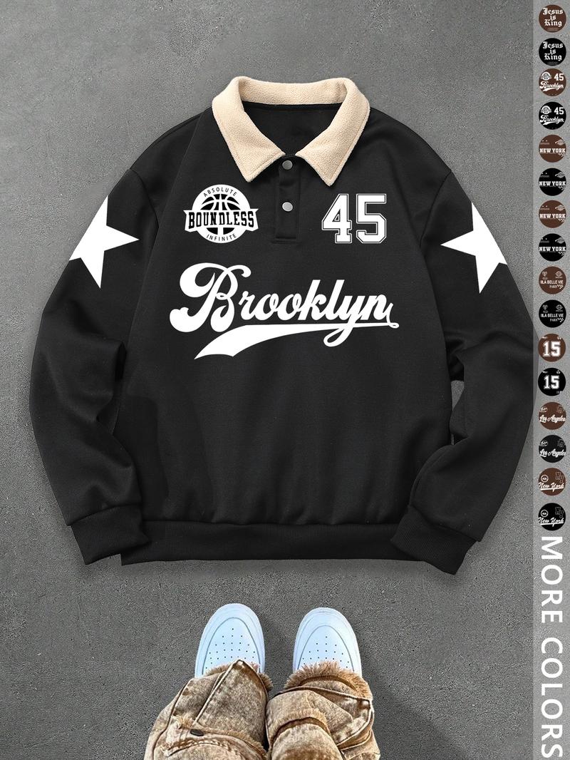 Unisex Y2K Style New York Letter Print Polo Sweatshirt, Thick Retro British Aesthetic Lamb Wool Collar Pullover for Streetwear Casual Wear