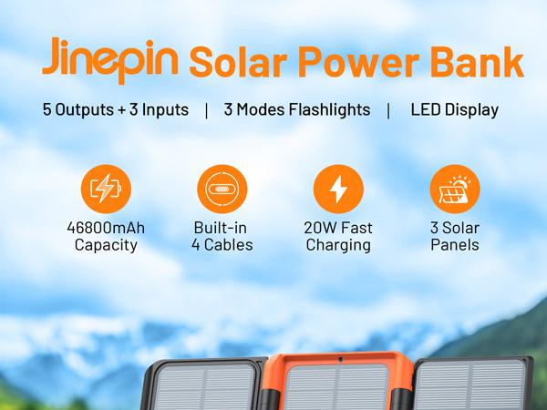 46800mAh Solar Charger Power Bank Built in 4 Cables 3 Foldable Solar Panels, PD20W Fast Charging Portable Charger, LED Display Powerbank USB C in/Output, External Battery Pack with SOS Camping Light