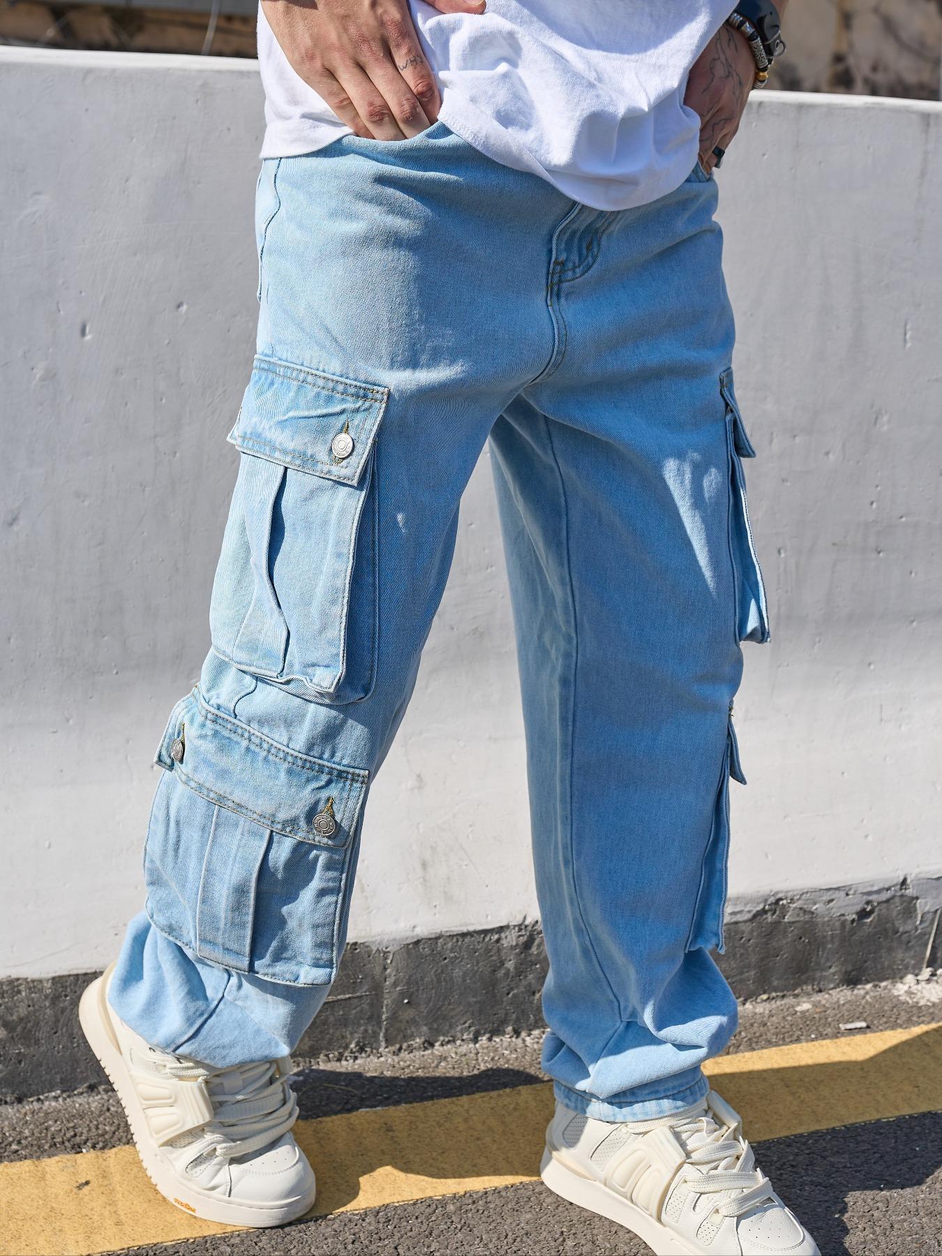 Men's Solid Flap Pocket Cargo Jeans, Loose Casual Street Fashion Denim Pants for Daily Wear, Men's Trousers for All Seasons