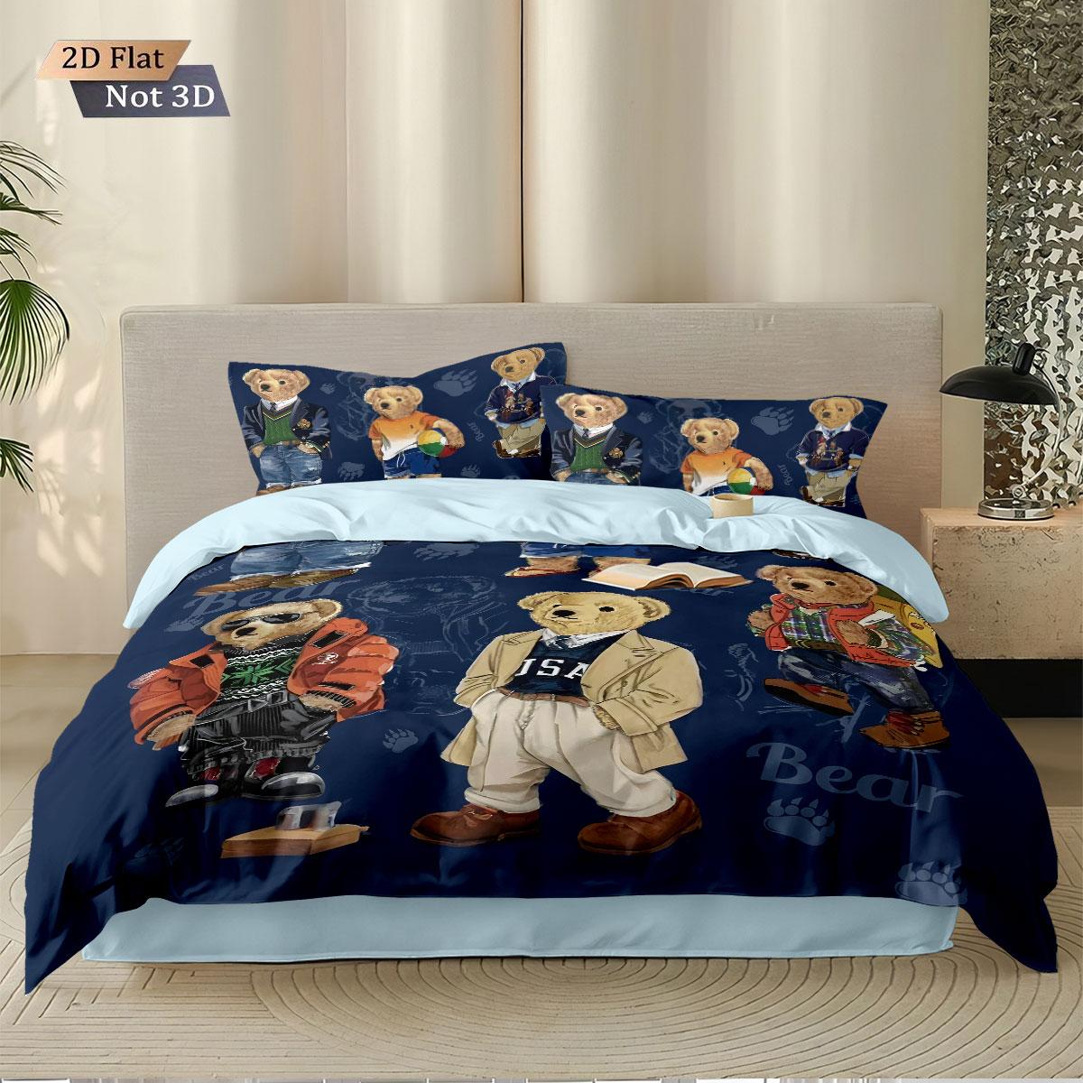 3pcs COOL BEAR Print Soft Bedding Set with Includes 1* Duvet Cover and 2*Pillowcases, No filling，Perfect for Patriotic Bedding Gift, Home Decor, Bedroom Accessories