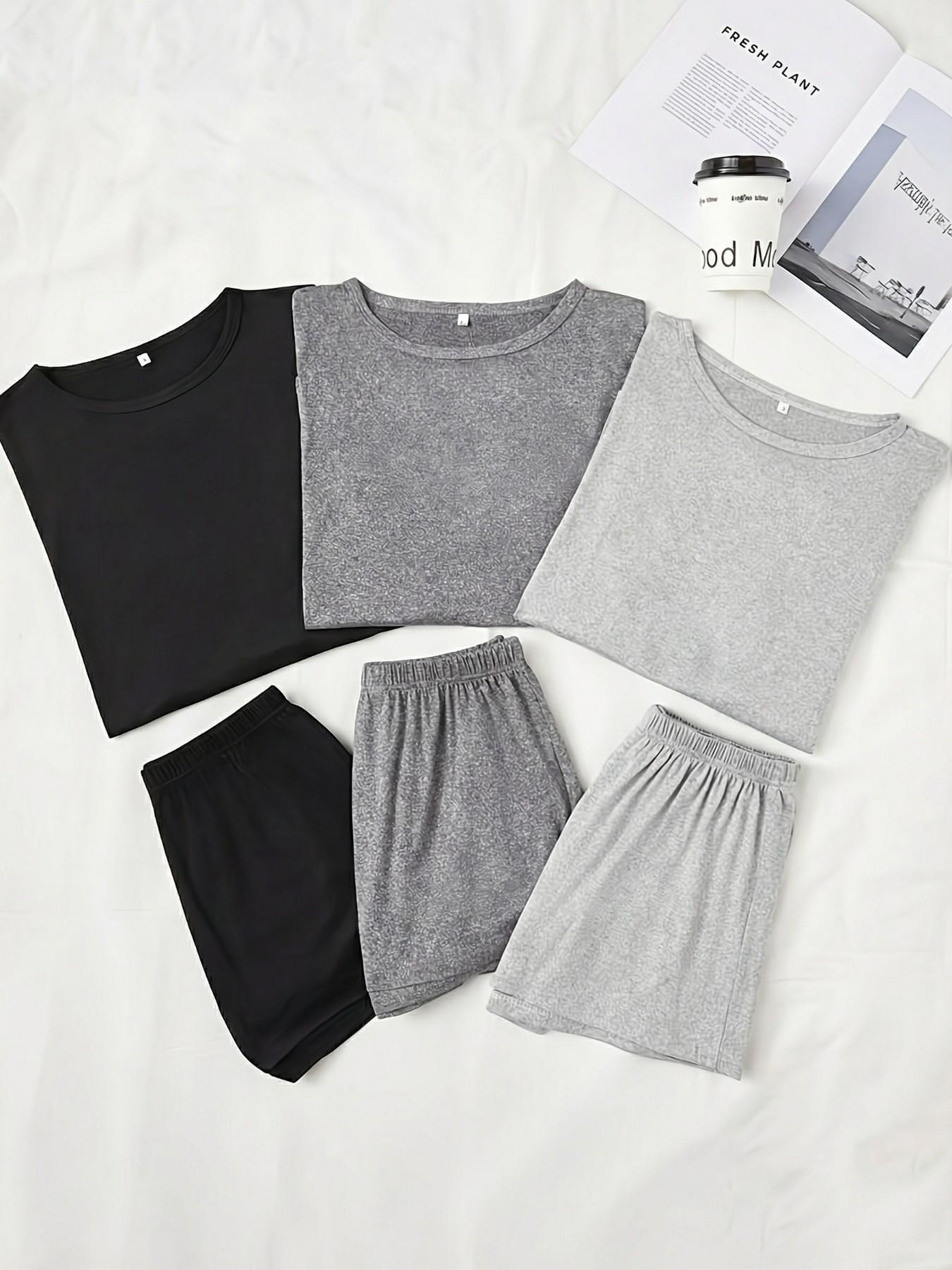 Women's Three-Piece Solid Color Short Sleeve Shorts Sleepwear Pajama Set, Casual Pajama Sets, Comfortable Casual Loungewear, Homewear, Pajamas Loungewear, Perfect for Home Relaxation