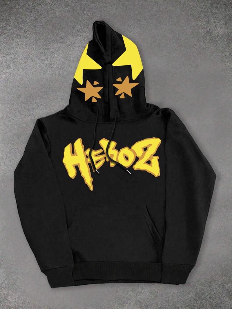Men's Black HEROZ Graphic Drop Shoulder Hoodie with Yellow Star Hood and Sleeve Details, Streetwear Long Sleeves Top, for Urban Fashion