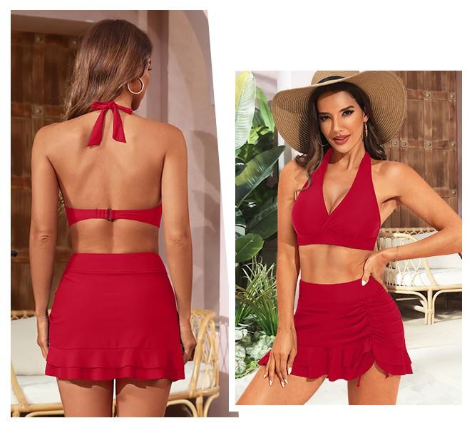 Yonique Womens High Waisted Bikini with Skirt Two Piece Swimsuit with Tummy Control Halter Bathing Suit V Neck Bikini Top with Built-in Bottom Bikini Skirt Full Coverage Bikini