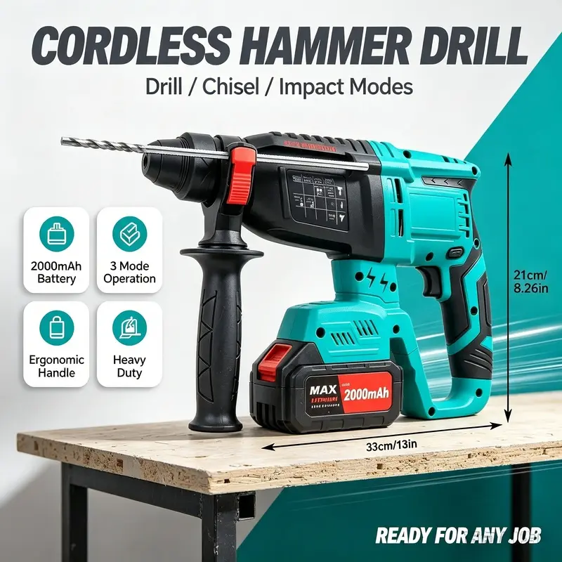 Cordless rotary drill, multiple working modes, brushless, cordless demolition hammer for concrete, includes battery and charger, storage toolbox