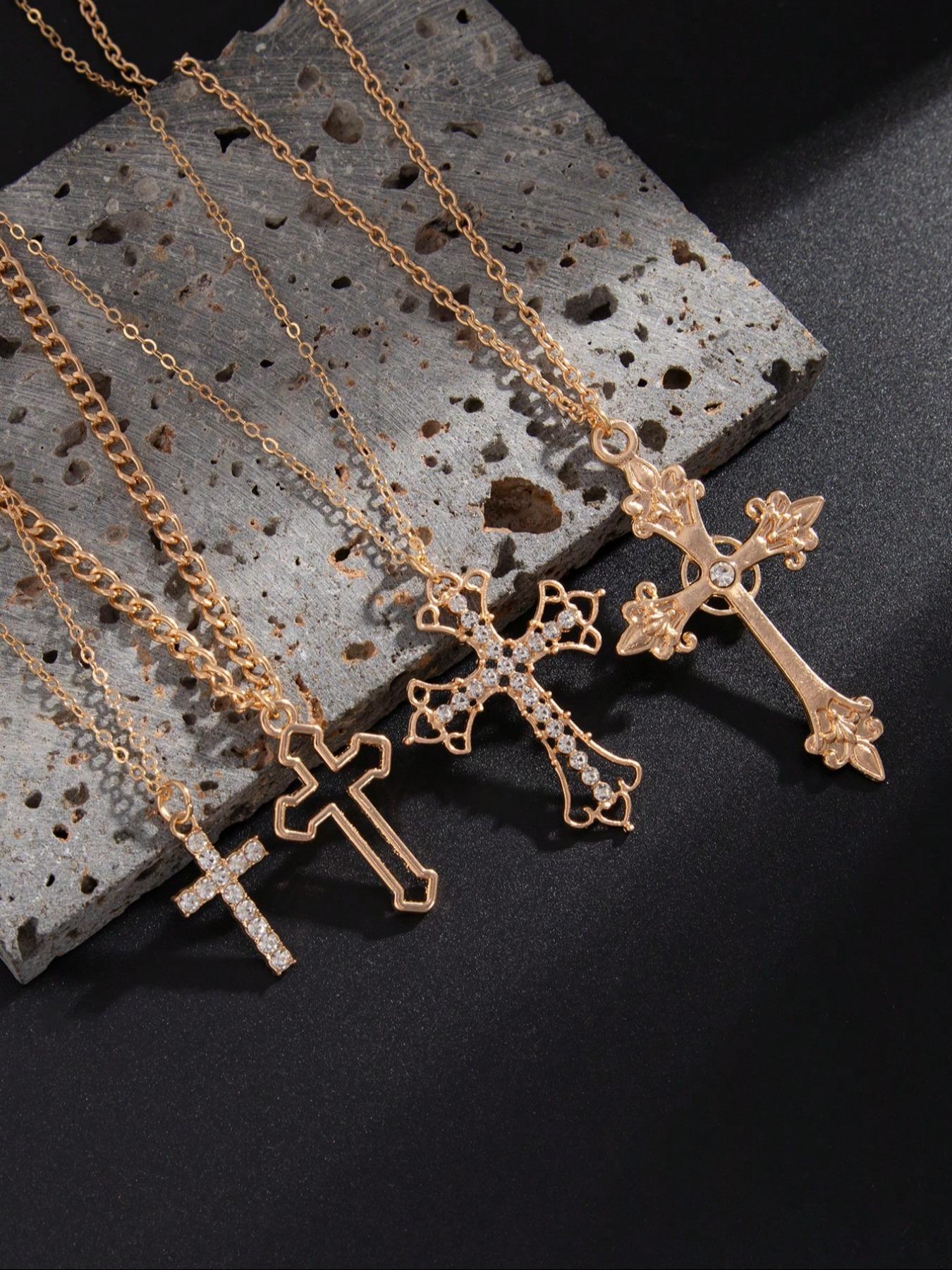 4 Piece Hip Hop Punk Rhinestone Cross Chain Design Pendant Necklace Set, Multi-Layer Stacked Wear, Trendy Personalized Jewelry for Men and Women