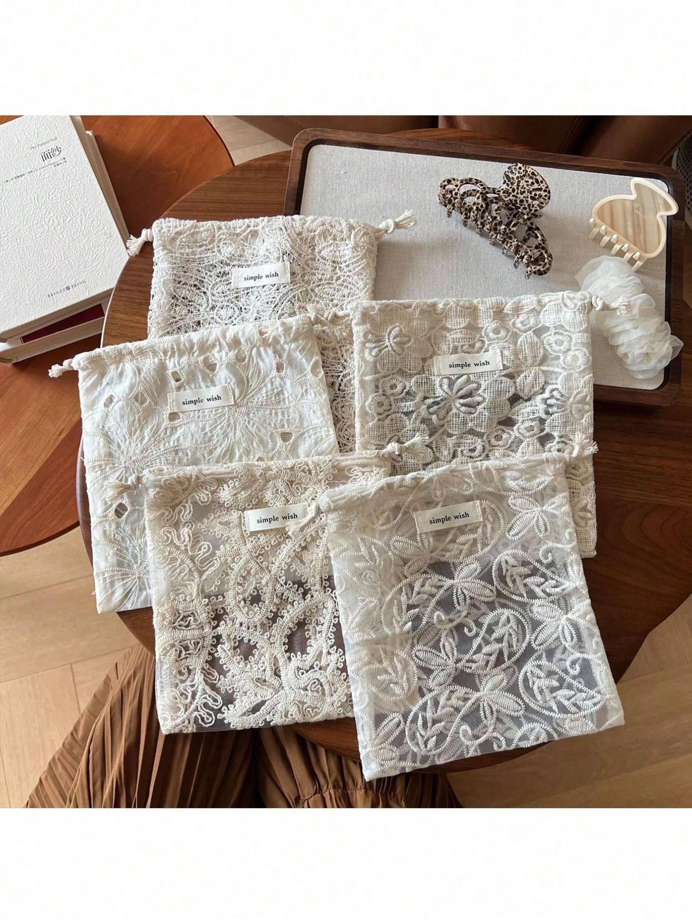 Vintage Art Apricot Lace Embroidered Makeup Bag, Single Layer Drawstring Small Pouch, Large Capacity Portable Storage Bag, Travel Essential Gift Bag