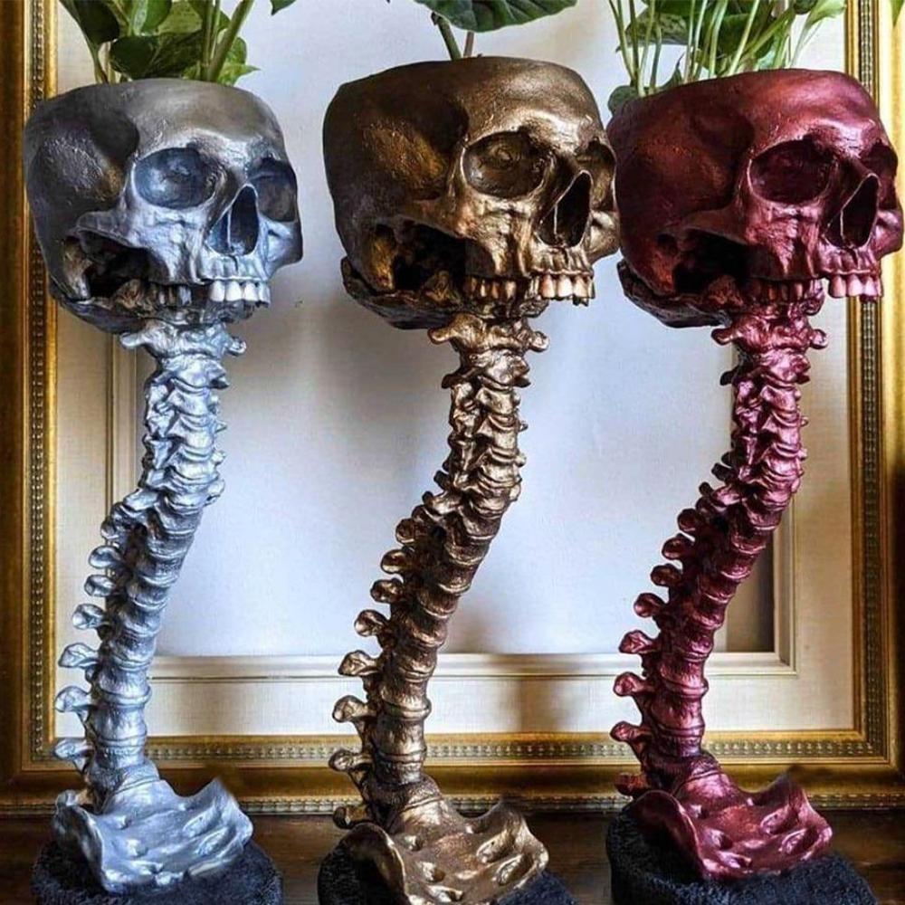 Gothic Spine Skull Planter, Halloween Garden Decor, Resin Craft Ornament, Handmade Gothic Flower Pot, Unique Outdoor Decoration
