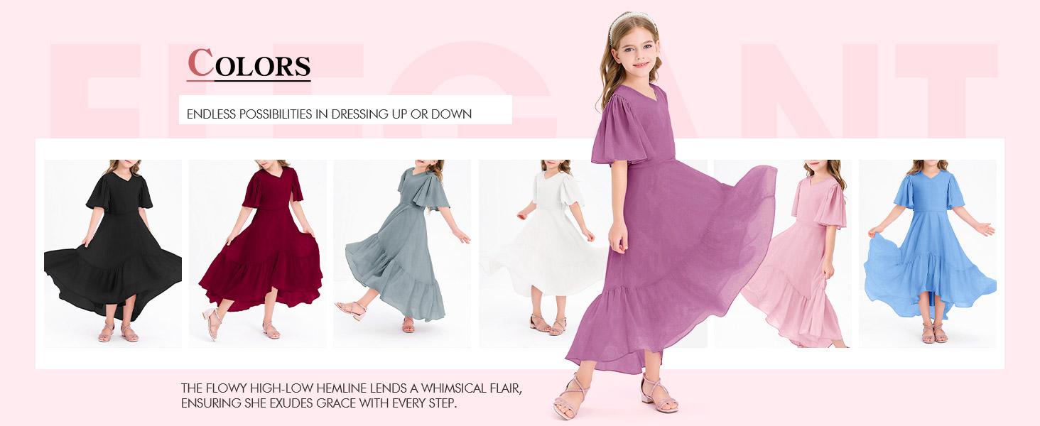 Haloumoning Girls Ruffle Dresses Short Sleeve Junior Bridesmaid Party Dress | Casual, A Line, V Neck, Flowy, High Low, Formal, Maxi Long Dress for Girls