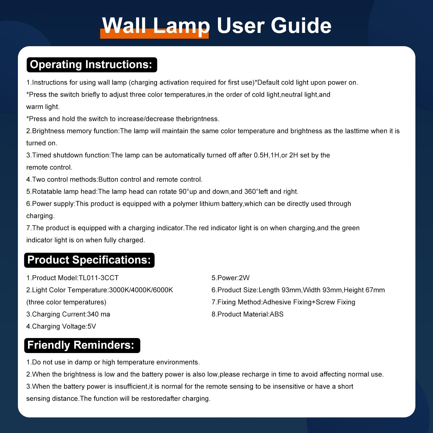 LED Wireless Spotlight with Remote Control, Rechargeable Indoor Light, Adjustable Color Temperature, Timer, Suitable for Cabinets and Wall Lights, LED Mood Light