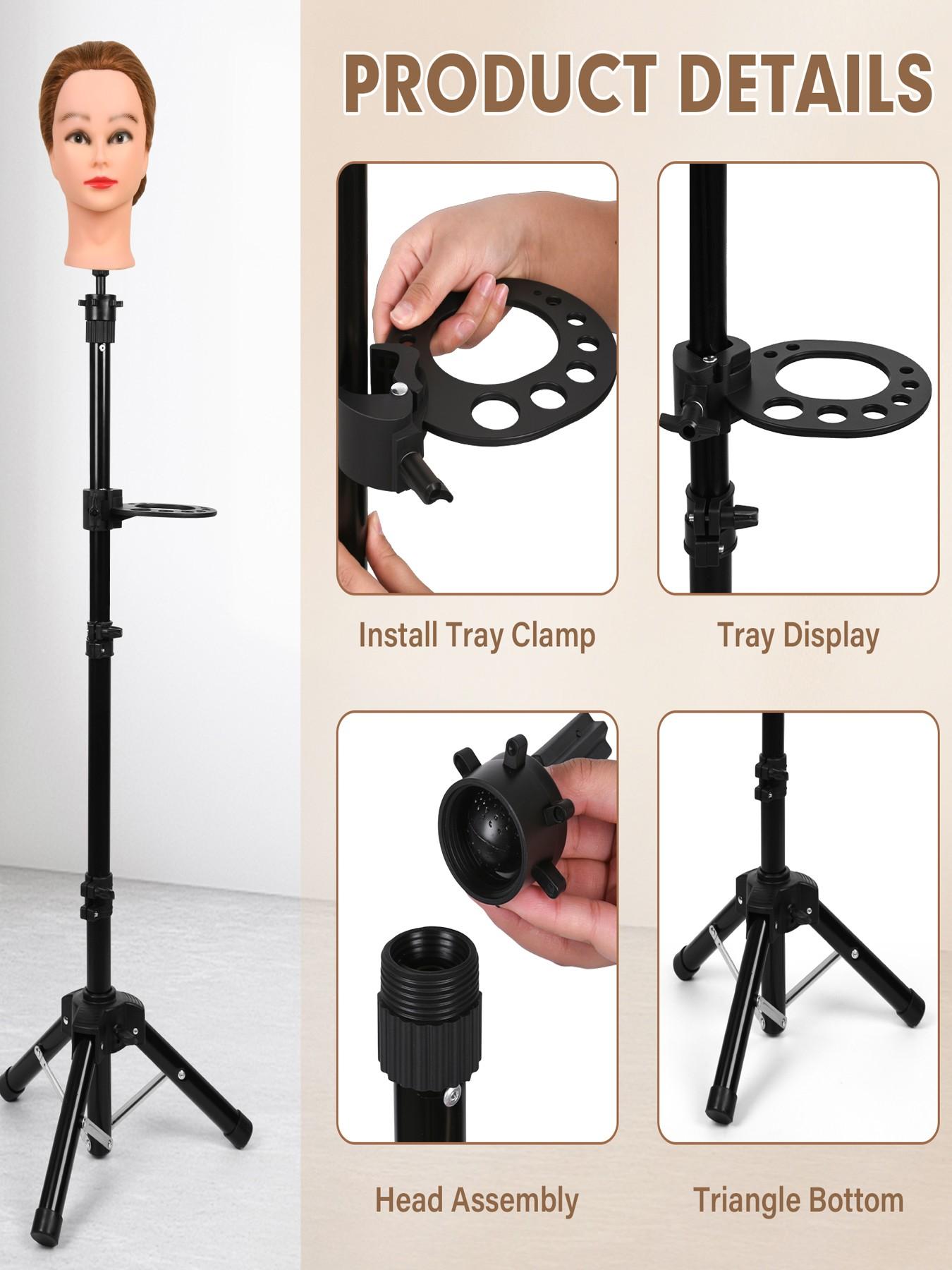 Mannequin Head Stand, Reinforced Metal Wig Stand Tripod Base with Tool Tray, Adjustable Height 18-47 inch Wig Head Stand for Styling Stability, Hair Tools