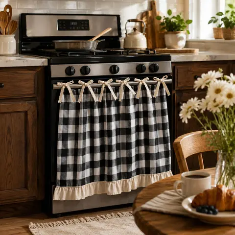 Farmhouse Stove Curtain, Rustic Plaid Oven Door Cover with Ruffled Cotton Linen Panel, Tie-On Stove Skirt for Range, Country Kitchen Decor to Hide Under-Stove Storage and Clutter