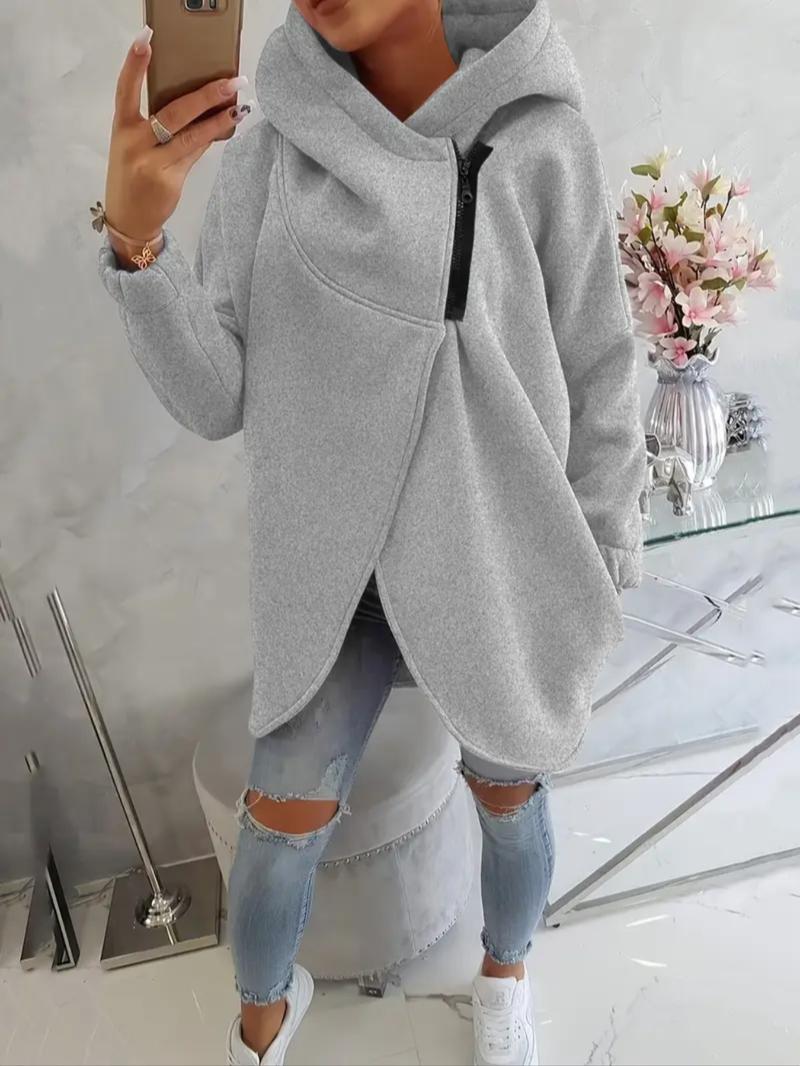 Women's Plus Size Hooded Sweatshirt, Full Zip Fashion Design, Asymmetrical Hem, Breathable Thick Fleece, Loose Fit Long Sleeve Pullover