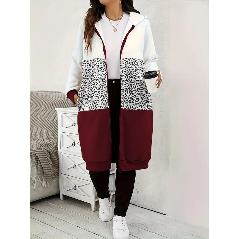 Autumn and winter long leopard print patchwork hooded jacket