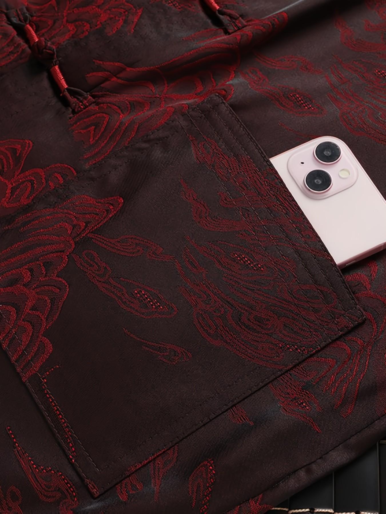 Luxurious Oriental Stand Collar Shirt, Chinese Style Wine Landscape Embossed Jacquard, Men's Formal Tang Suit Outerwear, Traditional Clothing, Menswear