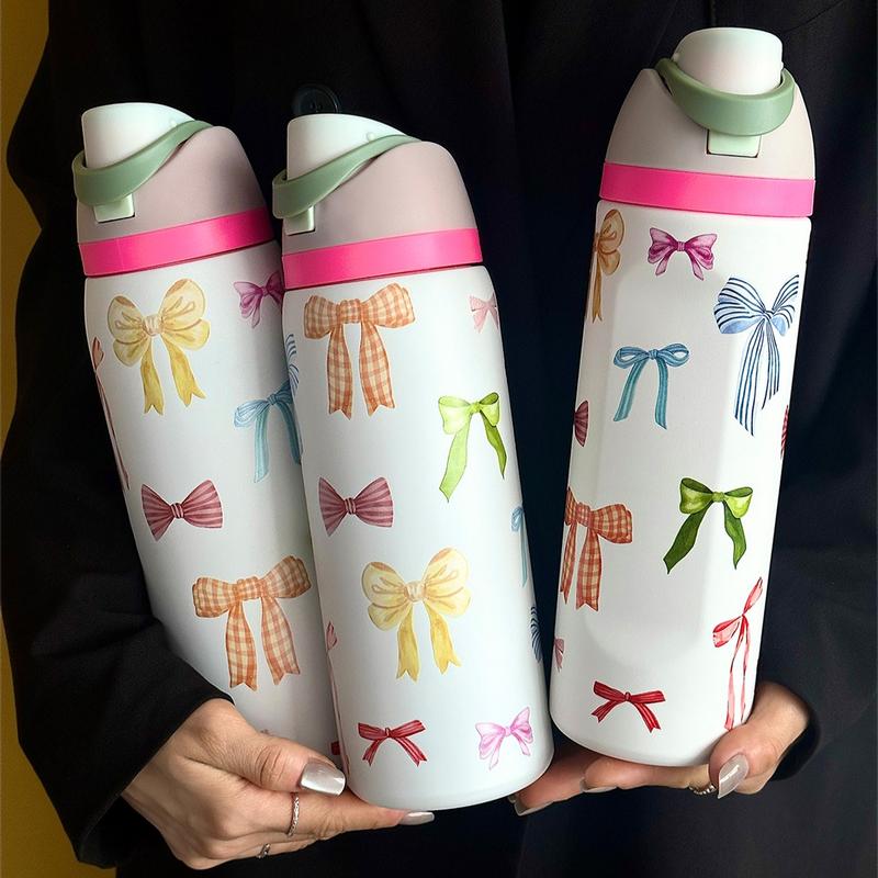 Bow Pattern Stainless Steel Vacuum Flask, Leakproof Insulated Tumbler, 1 Count Portable Insulated Water Bottle with Straw, Drinking Cup for Home Office School Outdoor Camping, Drinkware