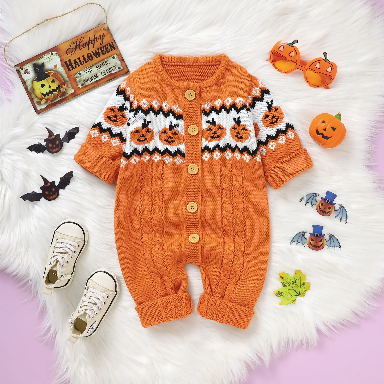 Toddler Halloween Bodysuits Knit Sweater Rompers Pumpkin Print Button Long Sleeve Romper