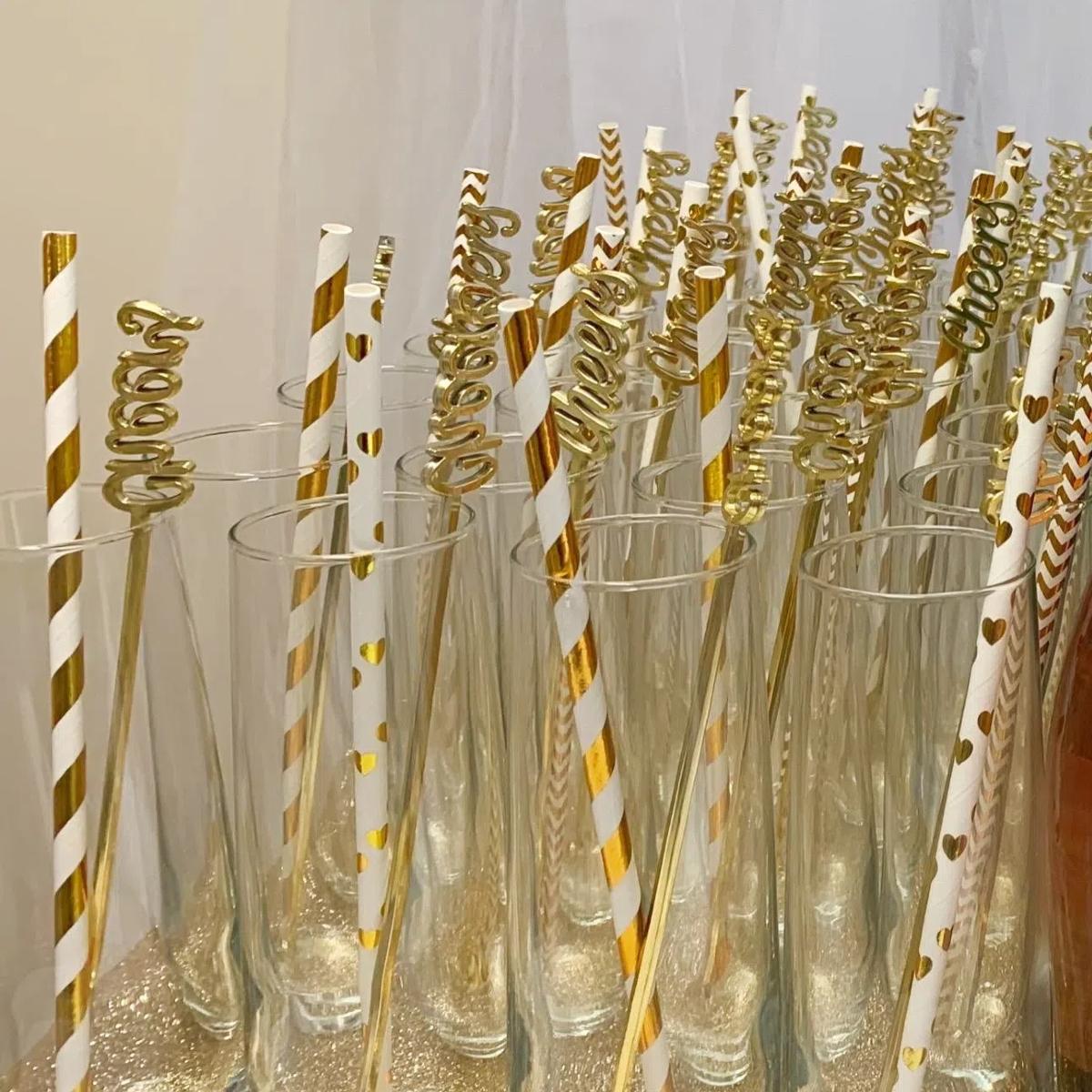 Elegant Striped mix Disposable Paper Straws, Gold Foil Crafted, Perfect for Birthdays Weddings Holidays, Cocktail Drink Accessories
