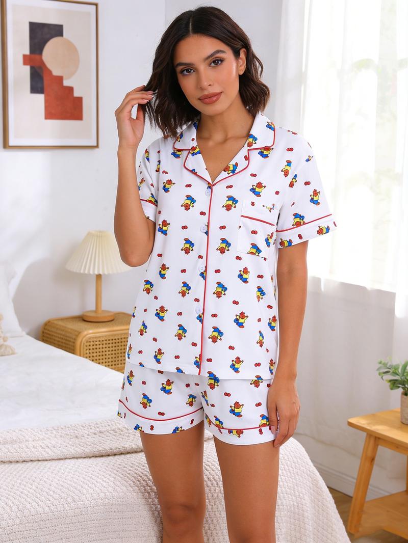 2pcs Mini Winnie the Pooh Print Pajama Set - Cute Nostalgic Short-Sleeve Pjs (Notch Collar + Chest Pocket + Elastic Waist) - Soft Adult Loungewear/Sleepwear for Disney Fans, Cozy Nights In & Gift Giving