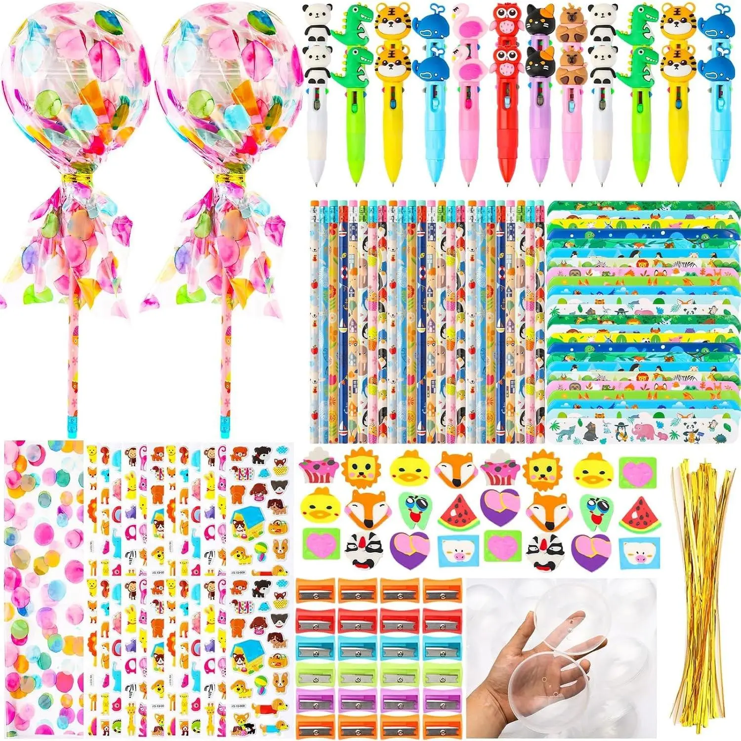 LiYiQ 24Pack Giant Lollipop Return Gifts for Birthday Party, Giant Lollipop with Pencils, Stickers, Erasers, 4-in-1 Pen, for Classroom School Exchange Party Supplies