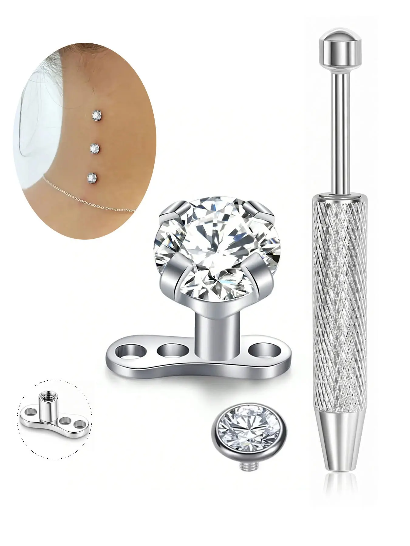 Stainless Steel Dermal Jewelry Piercing Kit, Hypoallergenic CZ& Replacement Head 5A Rhinestone Dermal Top, Internally Threaded Stud, Body Piercing Jewelry for Women Pierce