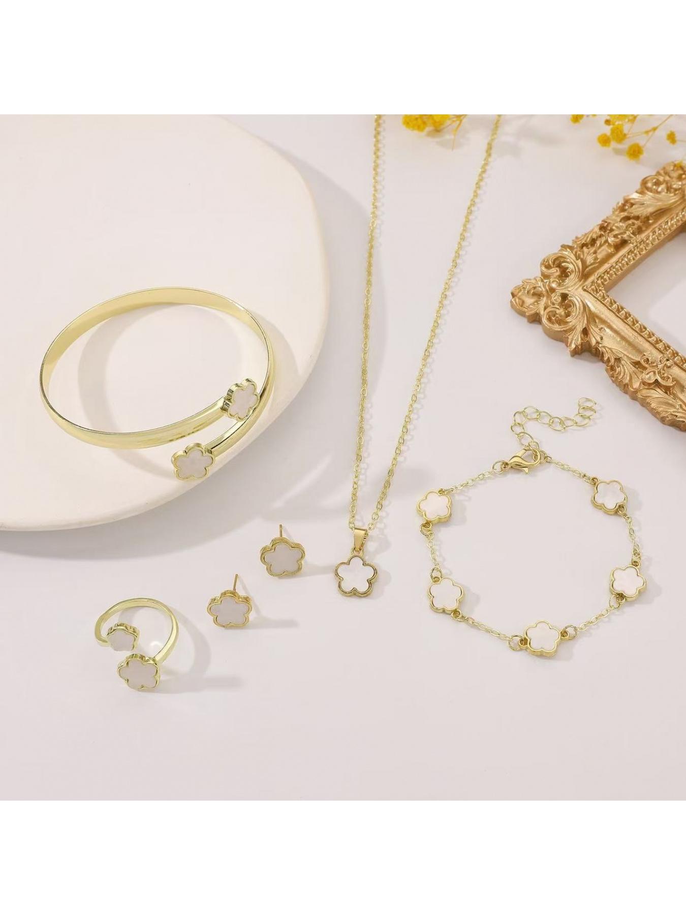 Flower Design (5-piece set), 2025 Summer Clothing Women's Solid Color Bracelet Necklace Bracelet Ring Bracelet, Party, Daily Clothing Decoration, Birthday Gift Jewelry, Party Preparation Bracelet, Fashion Bracelet