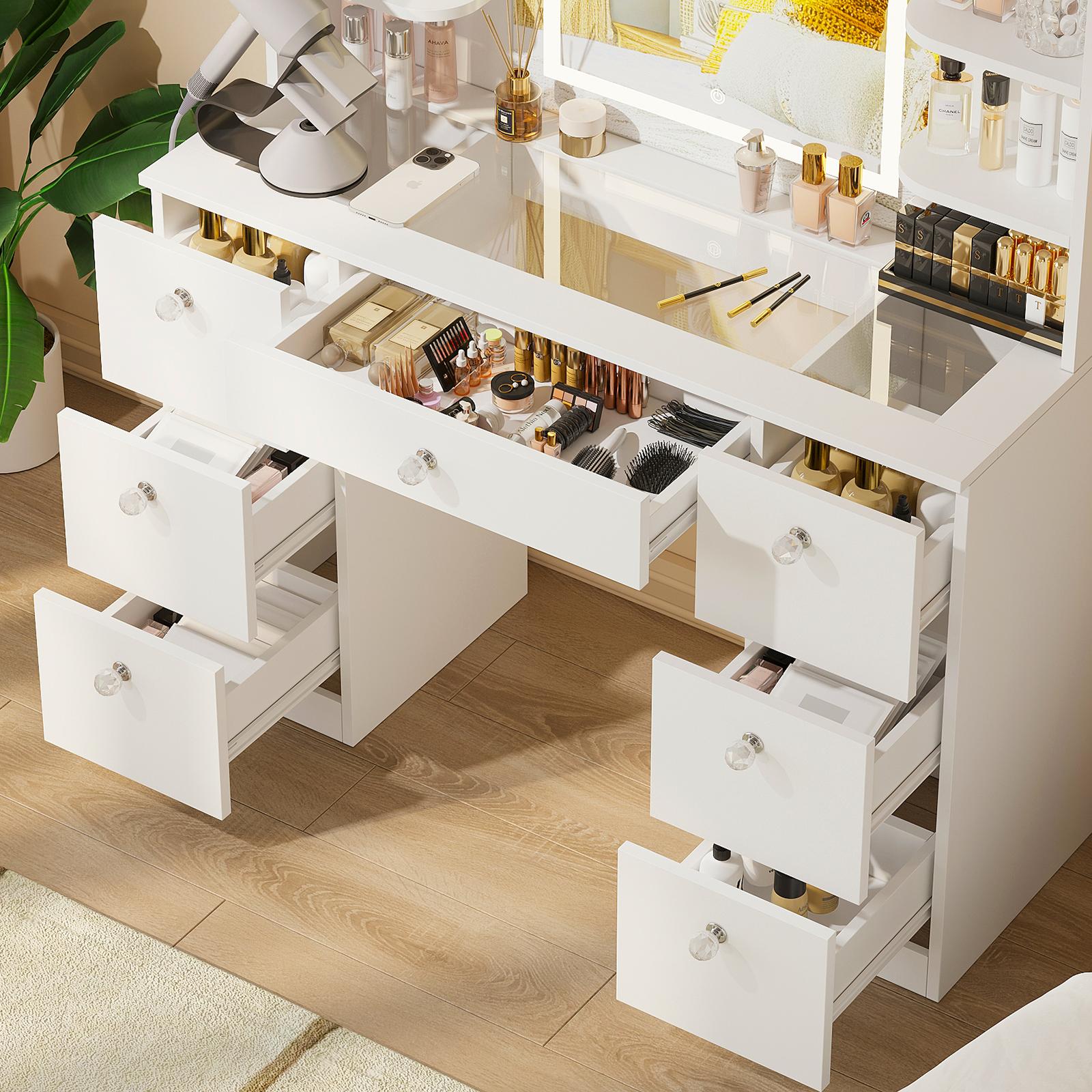 【Assembly video available】VOWNER Modern 55" Tall Makeup Vanity Table Set with 3 Color Lighted Mirror 7 Drawers & Outlet Gift