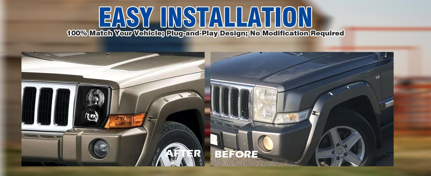 Headlights Assembly for 2006 2007 2008 2009 2010 Jeep Commander, Factory OE Replacement Halogen Headlamps with Bulbs, Chrome Housing Amber Reflector, Driver and Passenger Side