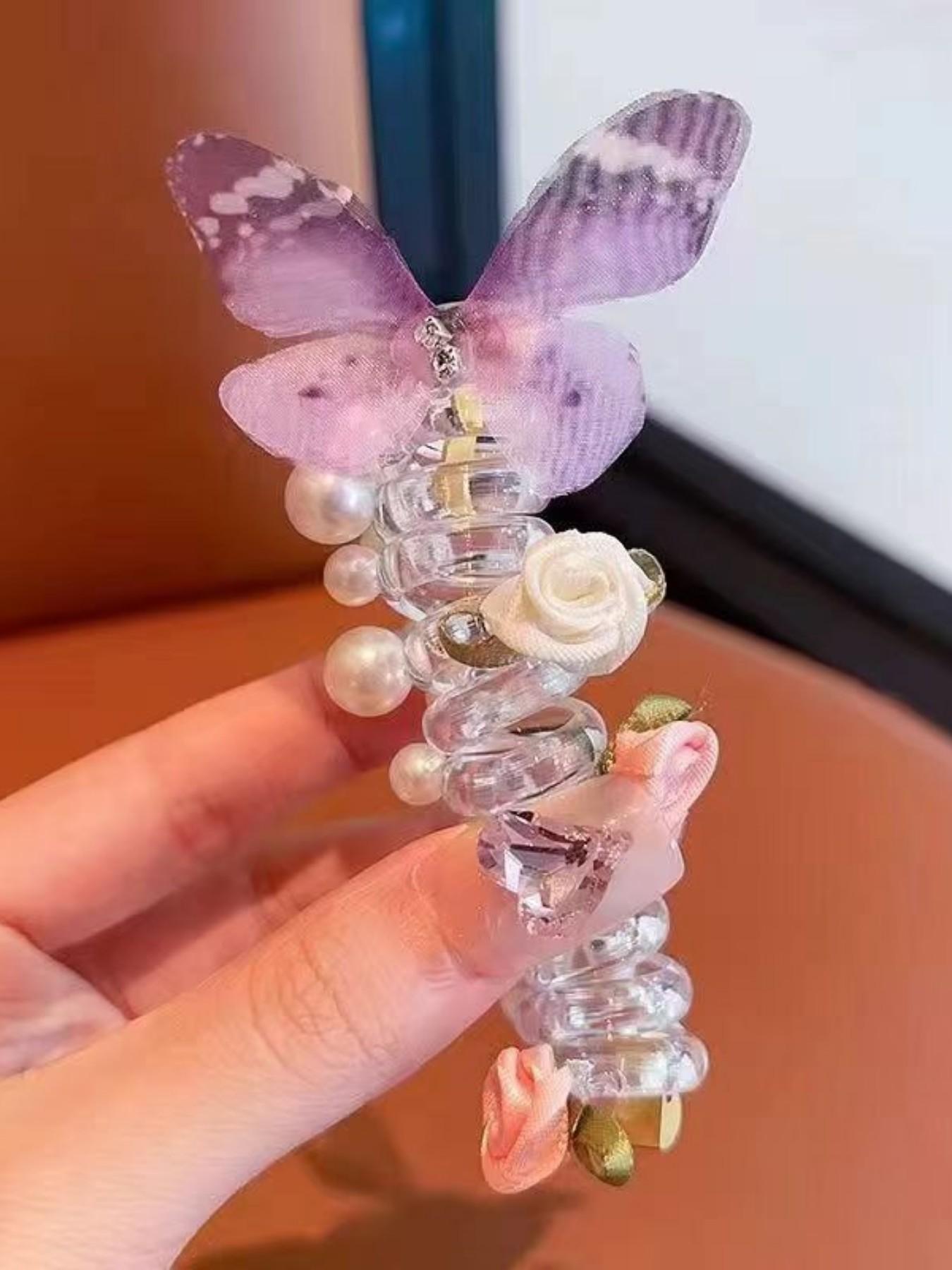 New Mesh Butterfly Pearl Hair Tie, Cute Round Bead Flower Butterfly Phone Line Braided Bubble Braid Hair Rope, Girls' Headwear for Daily Use