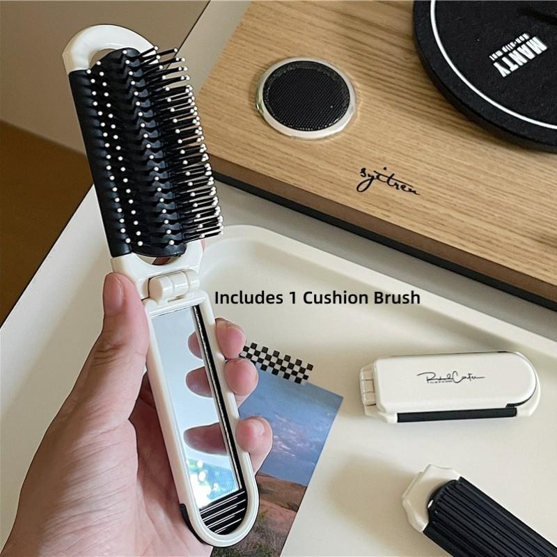 Foldable Mirror Comb Integrated Cushion Brush Portable Mini Travel Hairbrush Cute 2 in 1 Massage Mirror Comb Comb and Mirror in One Small Space Saving Touch Up Hairstyle Anywhere