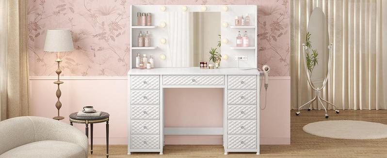 Sikaic Makeup Vanity with 11 Drawers and 6 Open Shelves Modern Dressing Table with 3 Color Modes Lights, Power Strip and Storage
