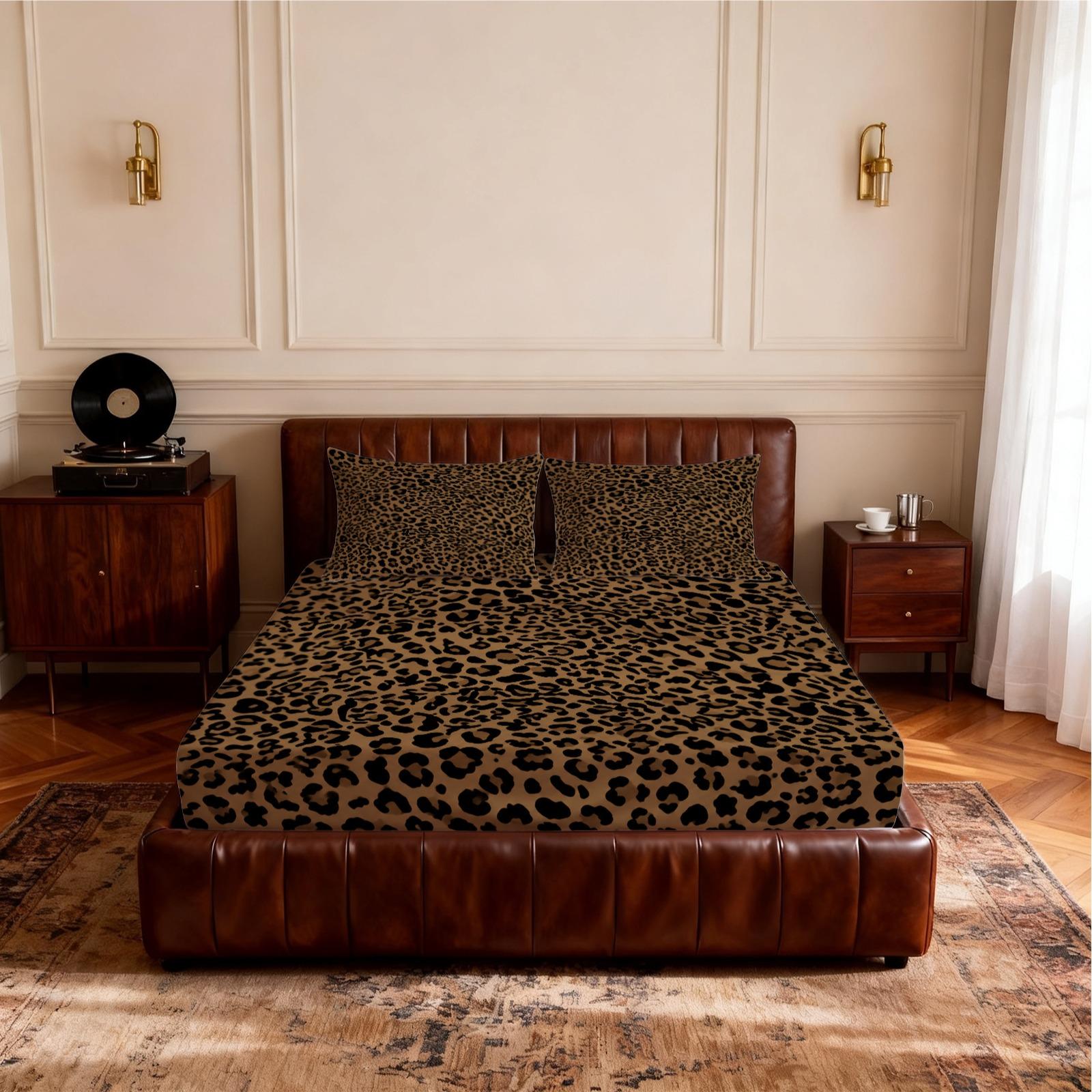 3 Pieces Leopard Print Fitted Sheet Set, Bedsheets Set, Bed Sheet Sets (1 Fitted Sheet + 2 Pillowcases), Classic Retro Animal Leopard Pattern, Soft Skin-Friendly Fabric Bedding, Home Furnishing for Women Bedroom, Top Choice for Holiday Gifts