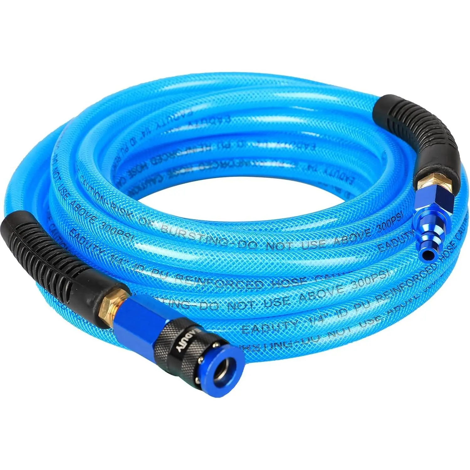 Reinforced Polyurethane Air Hose (1/4 in x 25 ft, 300 psi max) - Lightweight, Flexible, Kink Resistant Compressor Hose with Ball Swivel, Quick Couplers, Plug, Bend Restrictors, Blue, L102041