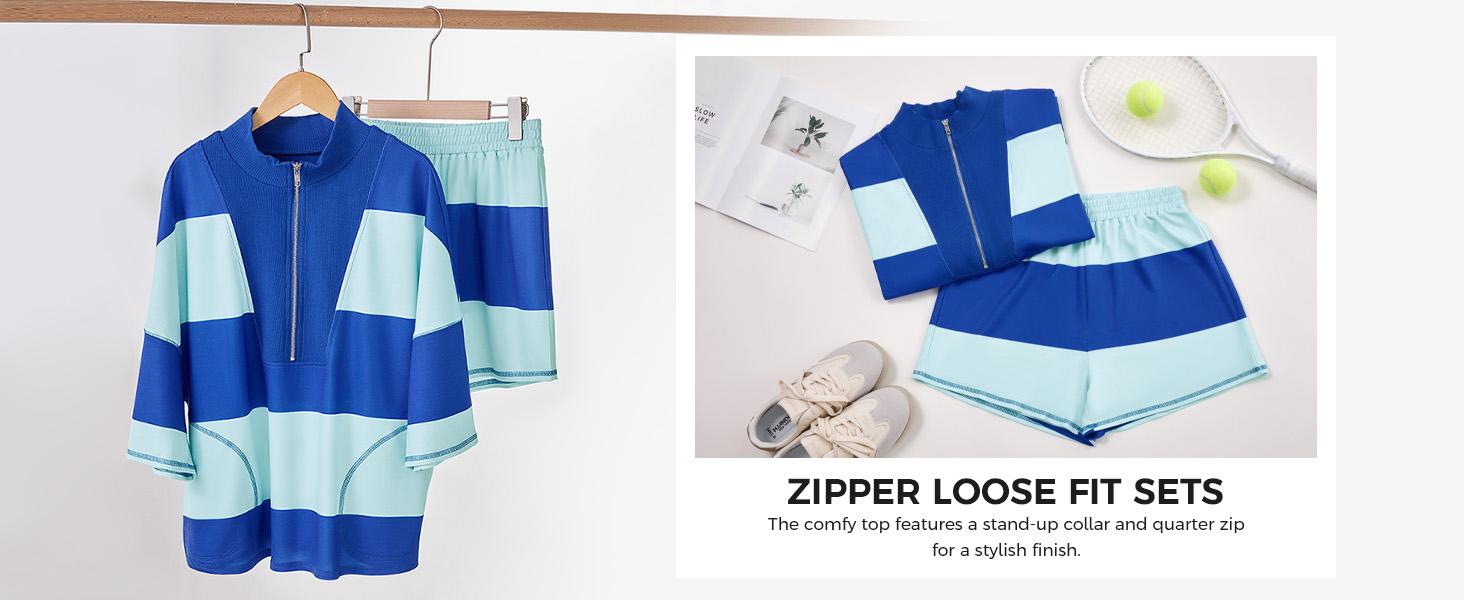 Fisoew Womens 2 Piece Outfits Summer Striped Sweatshirt Workout Shorts Sets Matching Lounge Set Tracksuits #Springtok #TikTokShopJumpstartSale