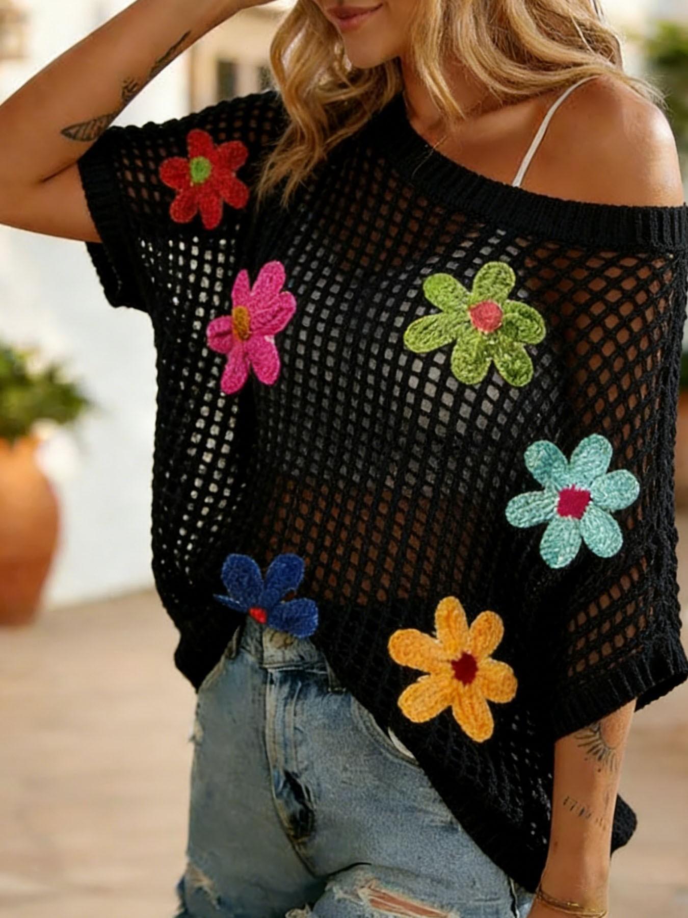 Women's Summer Crochet Floral Short Sleeve Pullover Knit Shirt, Boho Style Loose Fitting Beach Cover-Up for Trendy