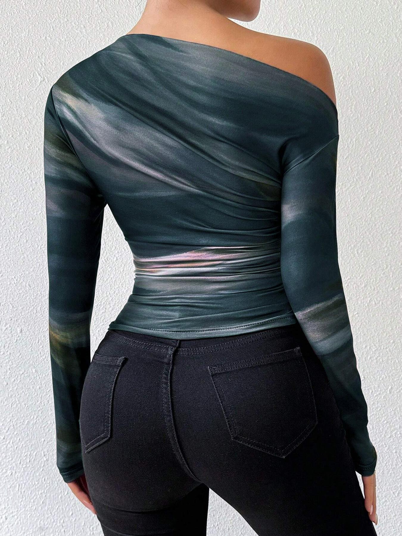 Women's Marble Print Ruched Asymmetrical Neck Tee, Casual Long Sleeve T-Shirt for Spring & Fall, Women's Clothing for Daily Wear