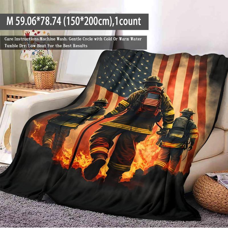 Firefighter & American Flag Pattern Blanket, 1 Count Soft Air-conditioned Room Throw, Warm Nap Blanket for Home Office Travel Camping, Figure Print Blanket