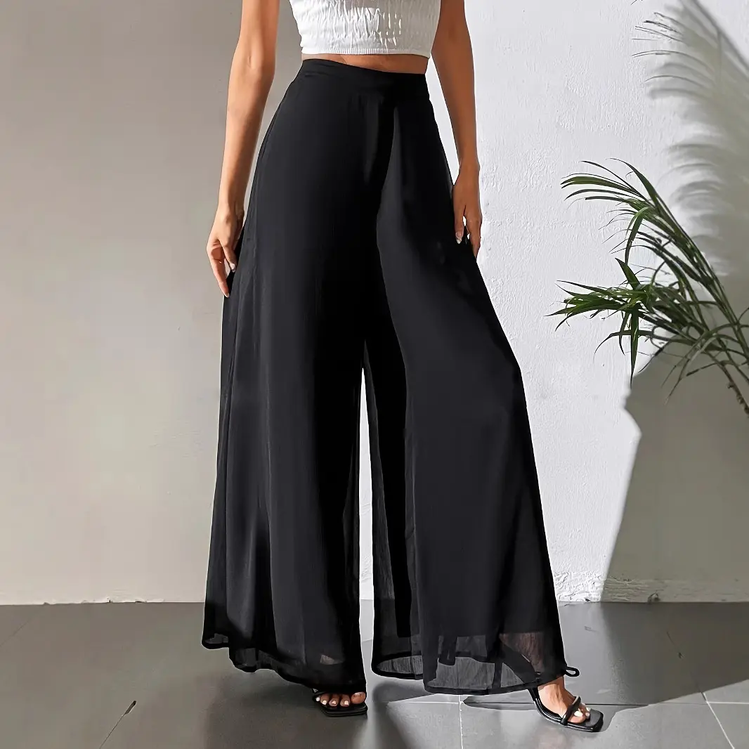 Women Chiffon Wide Leg Pants High Waist Flowy Loose Casual Long Palazzo Trousers for Beach Daily