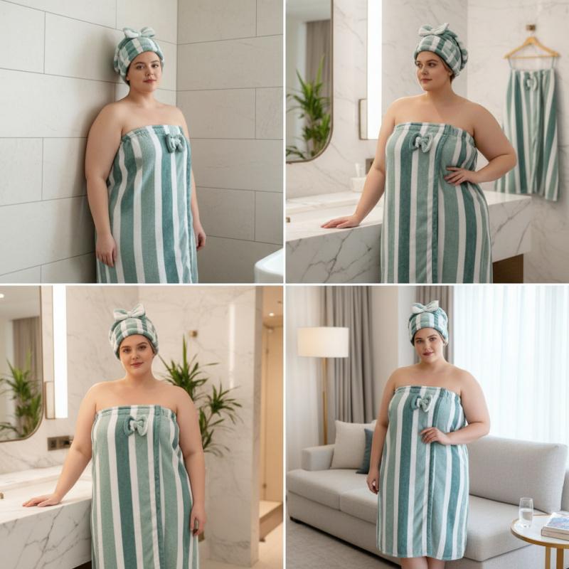 2pcs Set 80*210cm Plus Size Bathrobe + Shower Cap with Adjustable Suitable for XXXL-XXXXL  Bathrobe Suitable for Home and Travel Sweat Steaming 31.4*82.6in