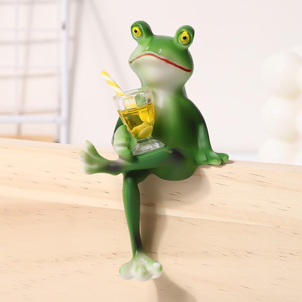 Drinking Frog Figurine Office Desktop Garden Pot Landscape Decorative Ornament, Unique Desk Decoration, Cute Animal Statue, Garden Gnome Statue
