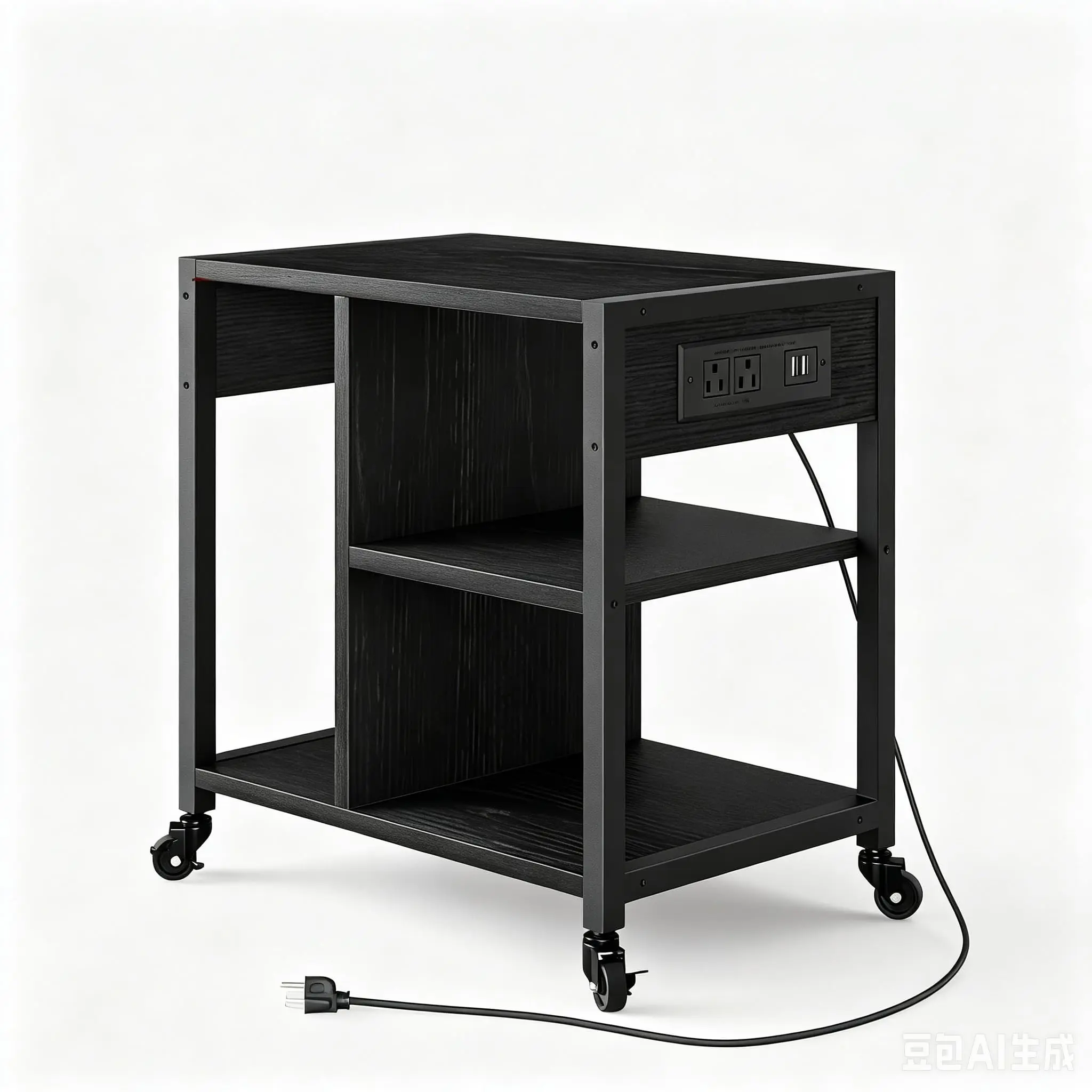 3-Tier Under Desk Printer Stand with Charging Station, Industrial Mobile Printer Table Featuring Lockable Wheels and Shelves, Compact Printer Cart for Home Office in Rustic Black or Gray Finish