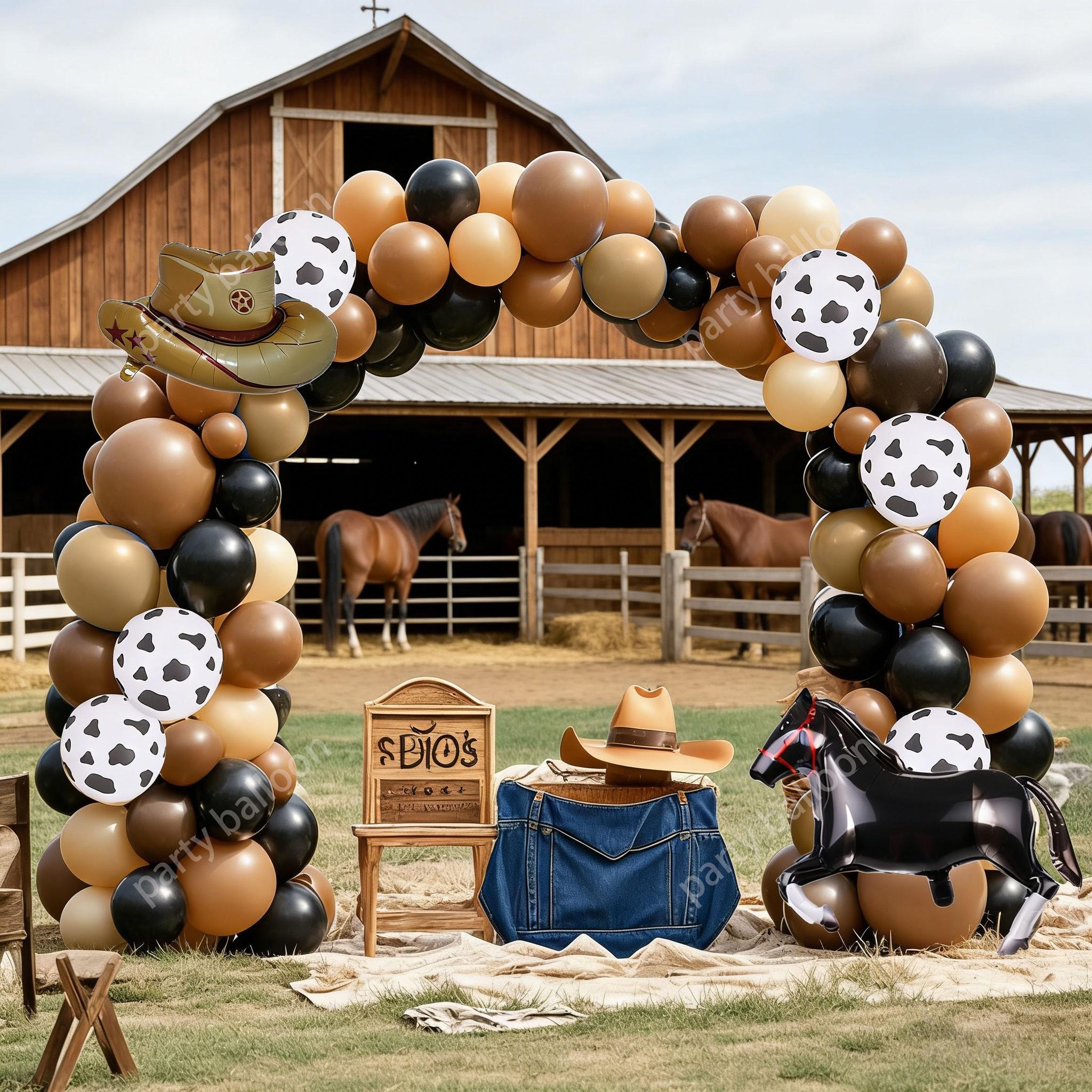 Western Cowboy Farm Theme Balloon Arch Set, 142 Pieces, Latex Balloons, Cow Hat, Horse Balloons, Party Decorations
