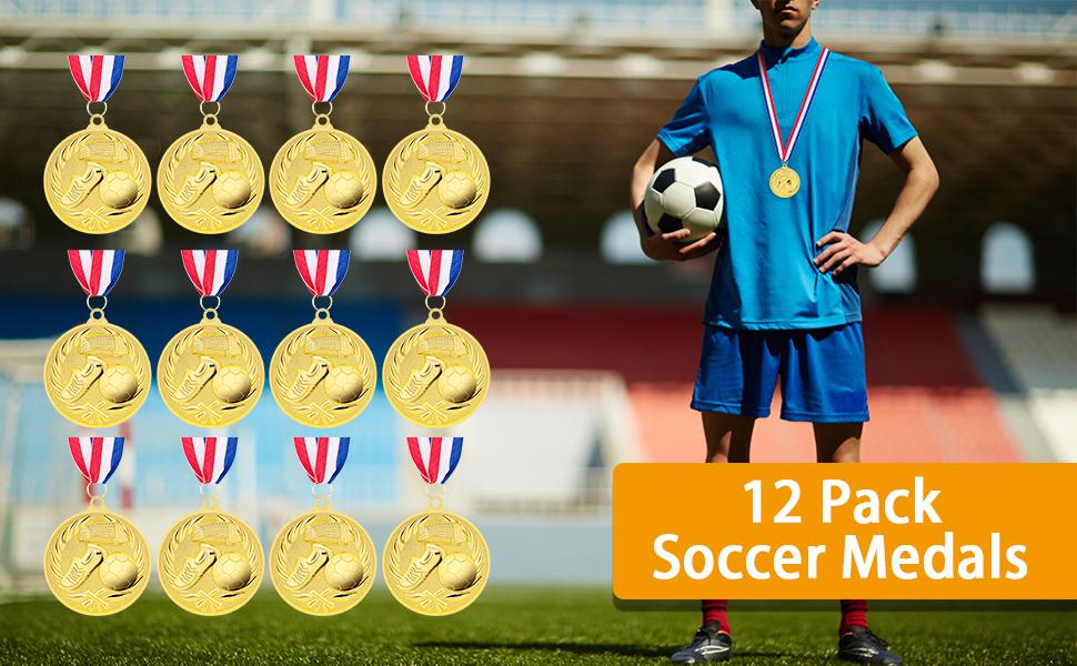 12 Packs Soccer Medals, 2 Inches Metal Gold Award Medals for Sports Soccer Games and Prizes Awards Party Favors