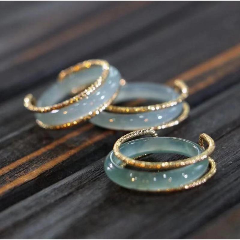 Natural Jadeite A-grade inlaid ring, new style blue water high ice jade ring, tail ring
