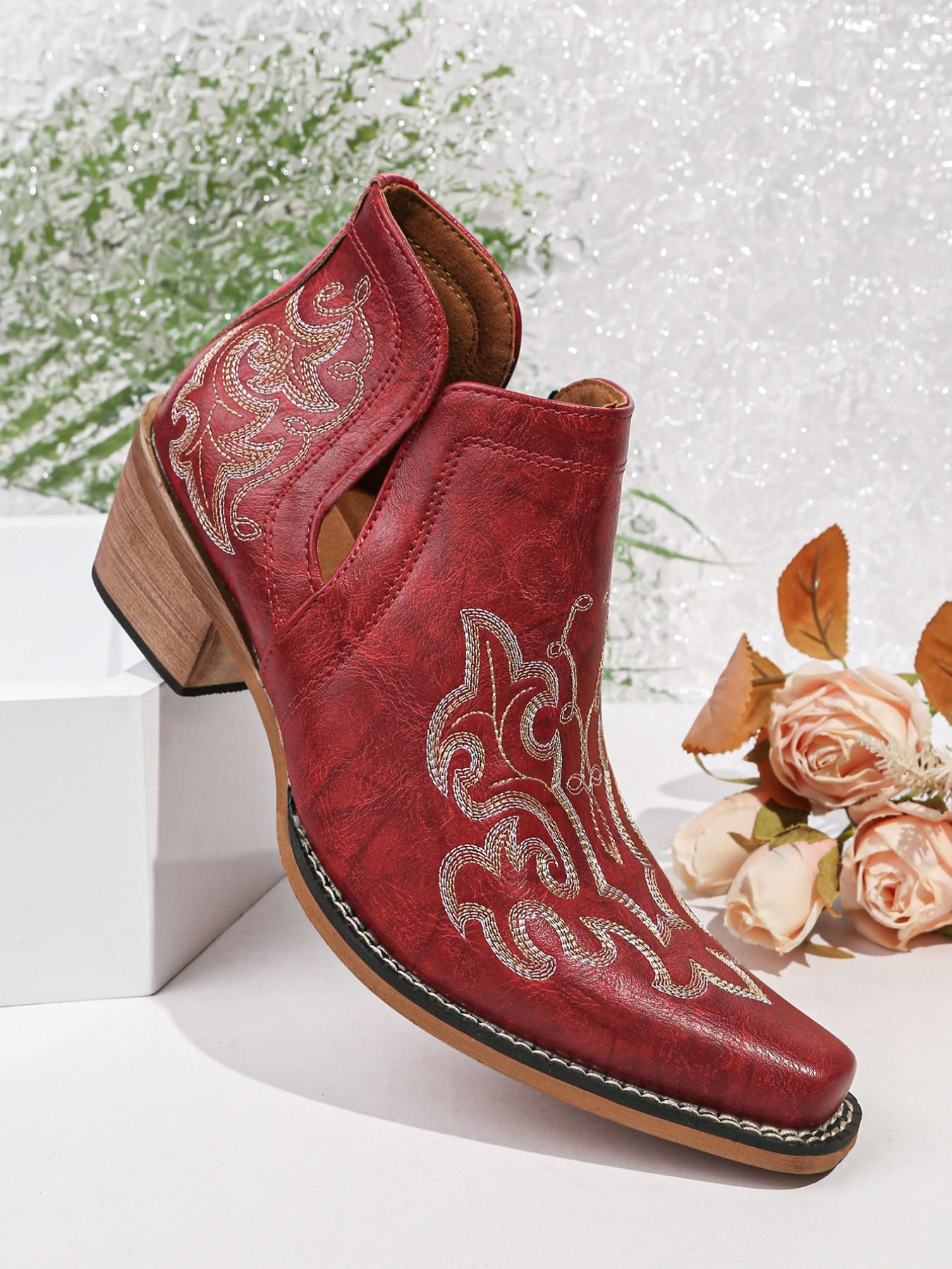 Women's Short Cowboy Ankle Boots, Embroidered Ankle Boots, V-Cut Slip-On Western Booties with Embroidery, Block Heel PU Leather Cowgirl Boots for Everyday Wear
